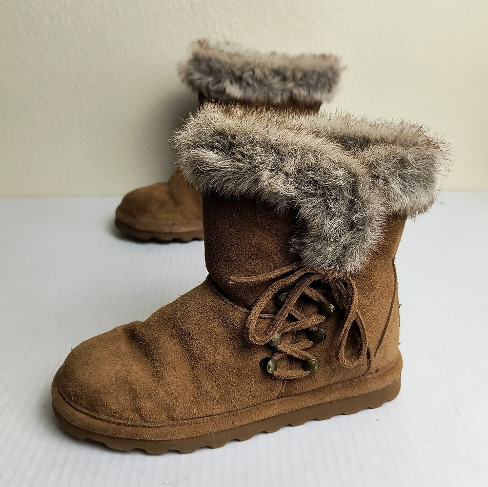 BearPaw Rue Suede Lace Boot Brown and Gray Fur-Trimmed Water & Stain Repellent